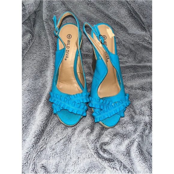 Wild Diva Shoes - Wild Diva Turquoise Ruffle Slingback Sandals